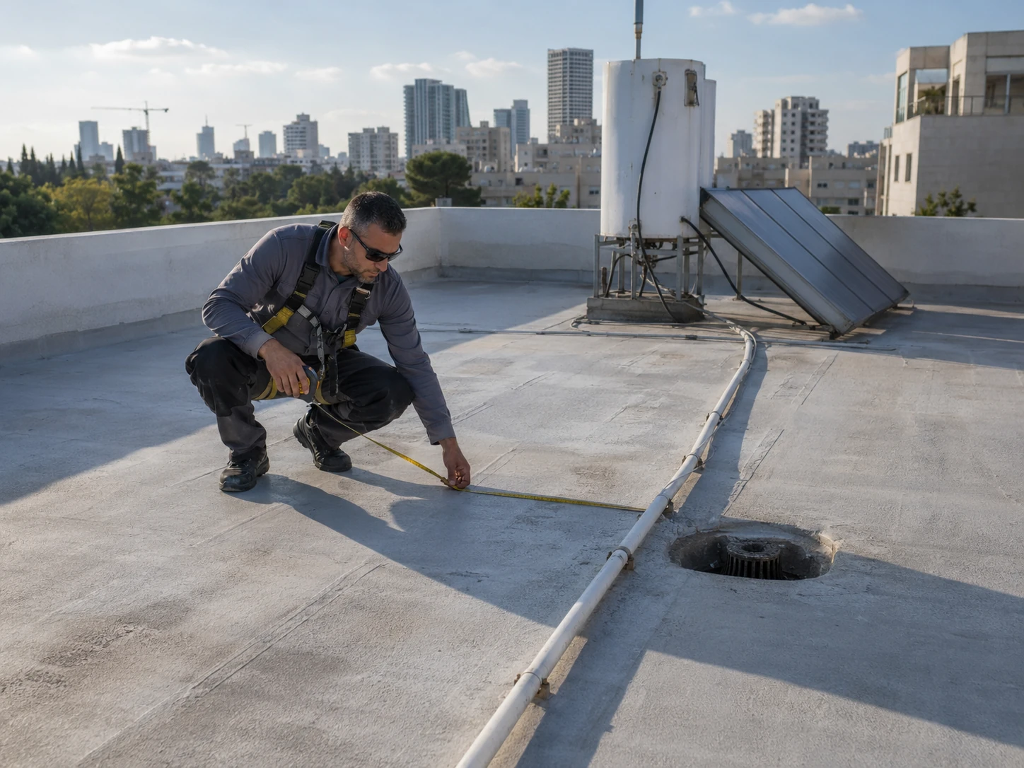 קבלן איטום מודד ובודק גג שטוח לפני חישוב מחיר עבודת האיטום